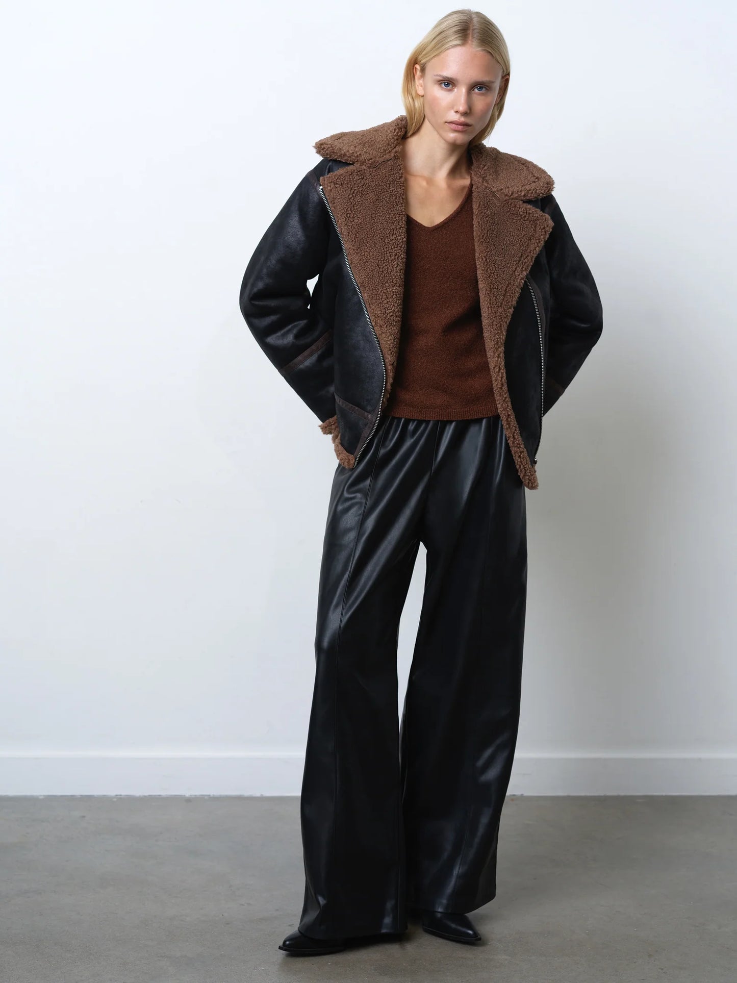 Suedette Zip Up Jacket - Black Brown