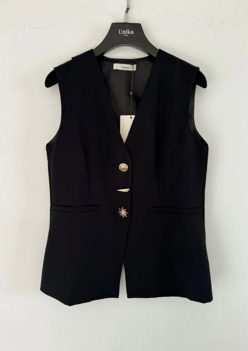 Sadie Gold Button Tailored Waistcoat - Black