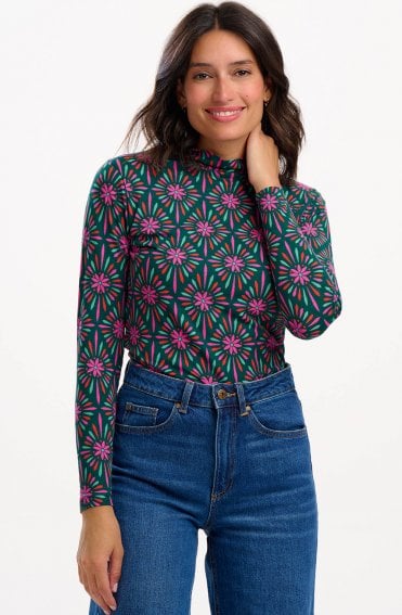 Annika Turtleneck Jersey Top - Green/Multi, Flower Explosion