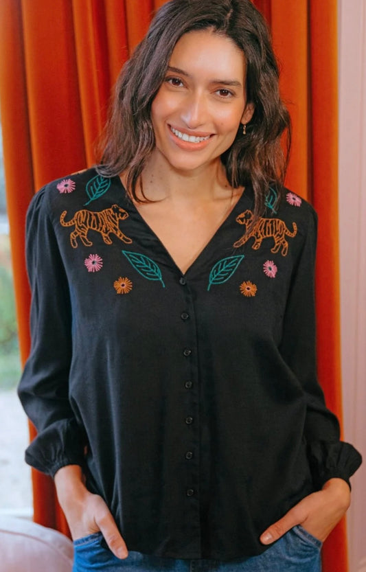 Dawn Blouse - Black, Tiger Embroidery