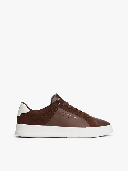 Mixed Texture Leather Court Trainers - Cocoa
