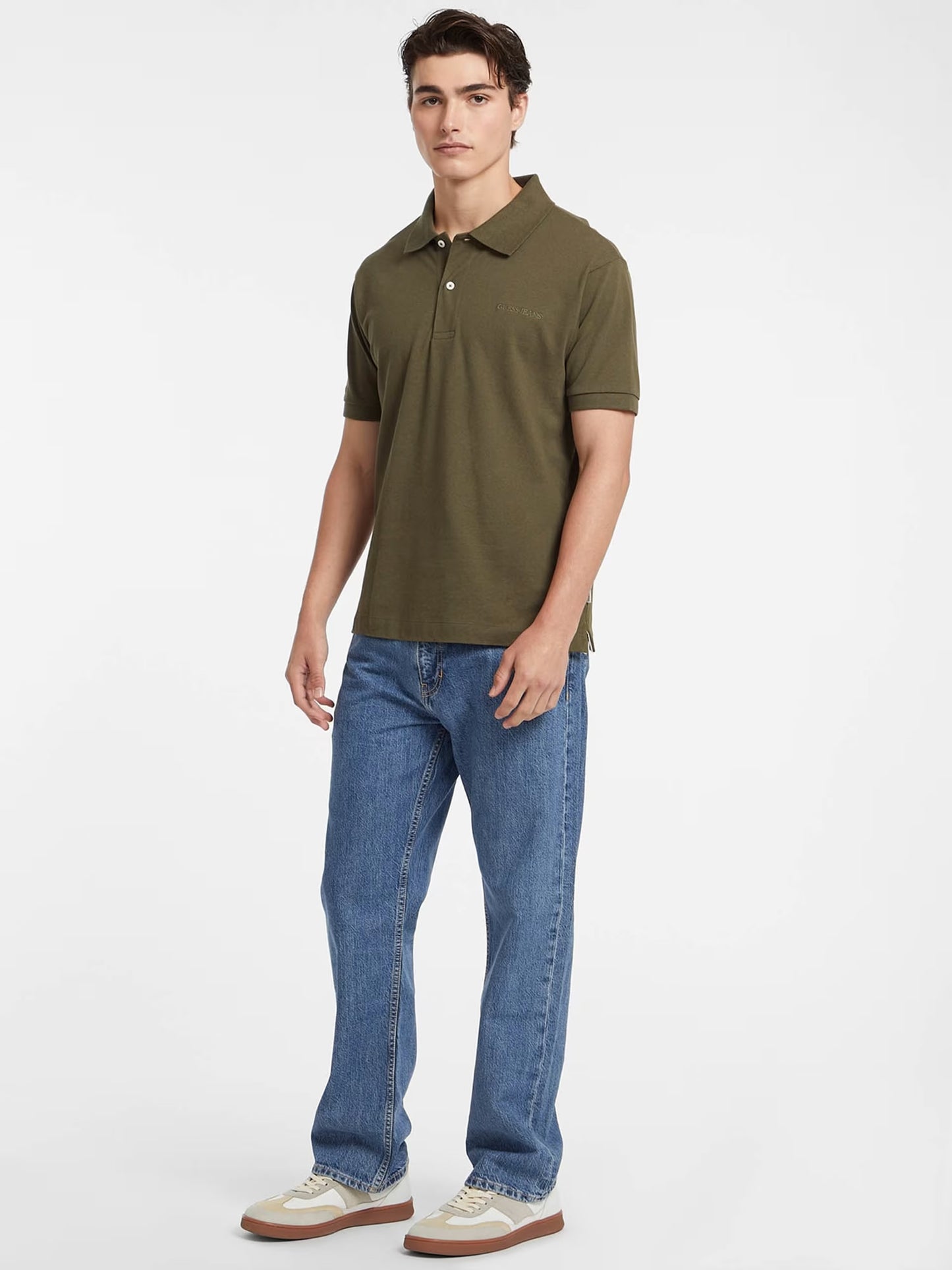 Short Sleeve Embroidered Logo Knit Polo Shirt - Olive Green
