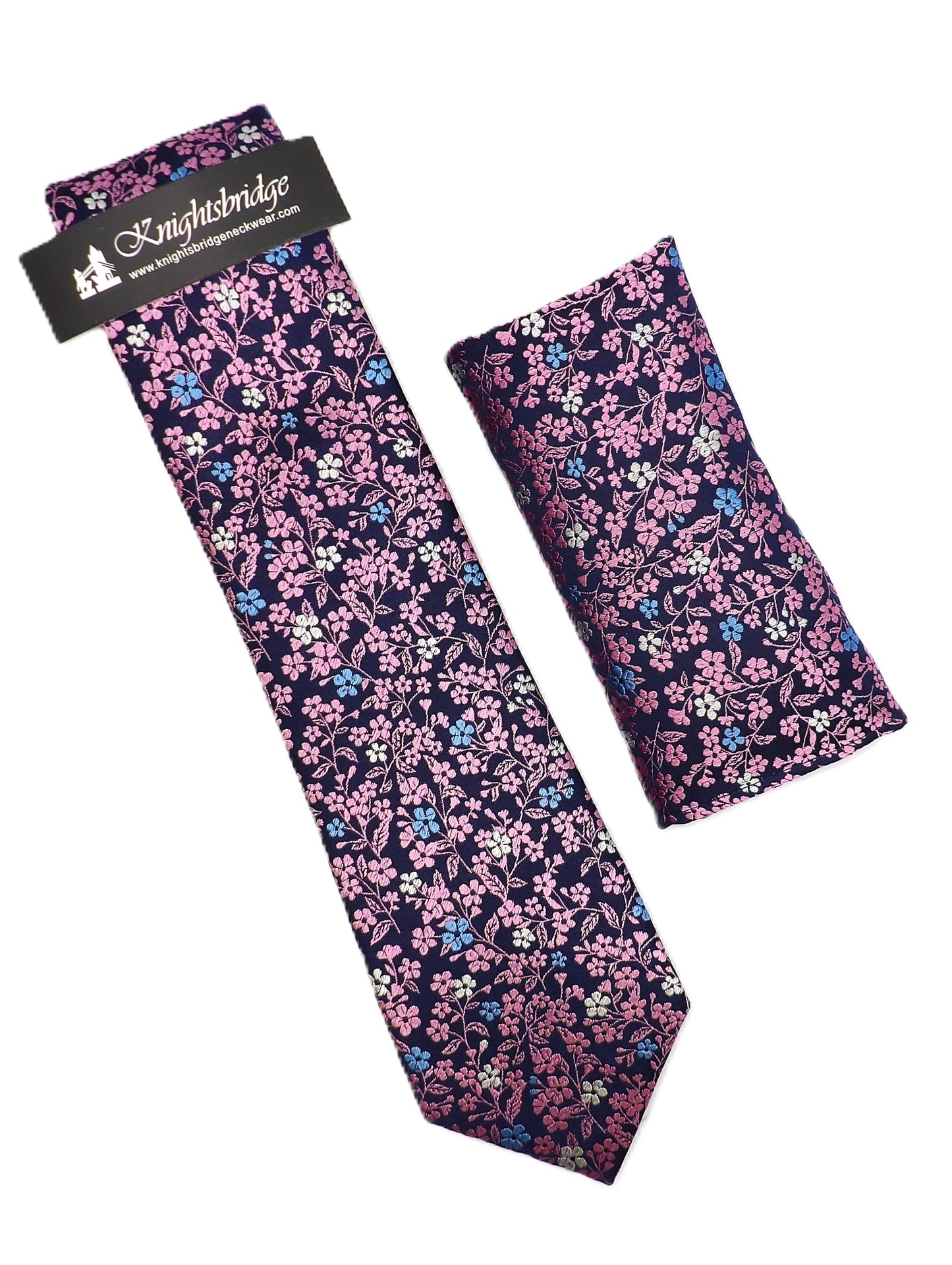 Pink/Blue Floral Silk Tie & Pocket Square