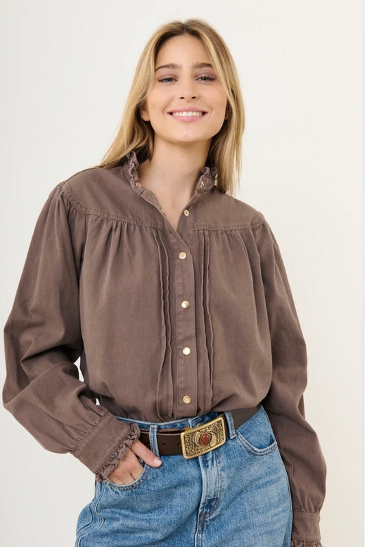 Ruffled Collar Denim Shirt - Coffee