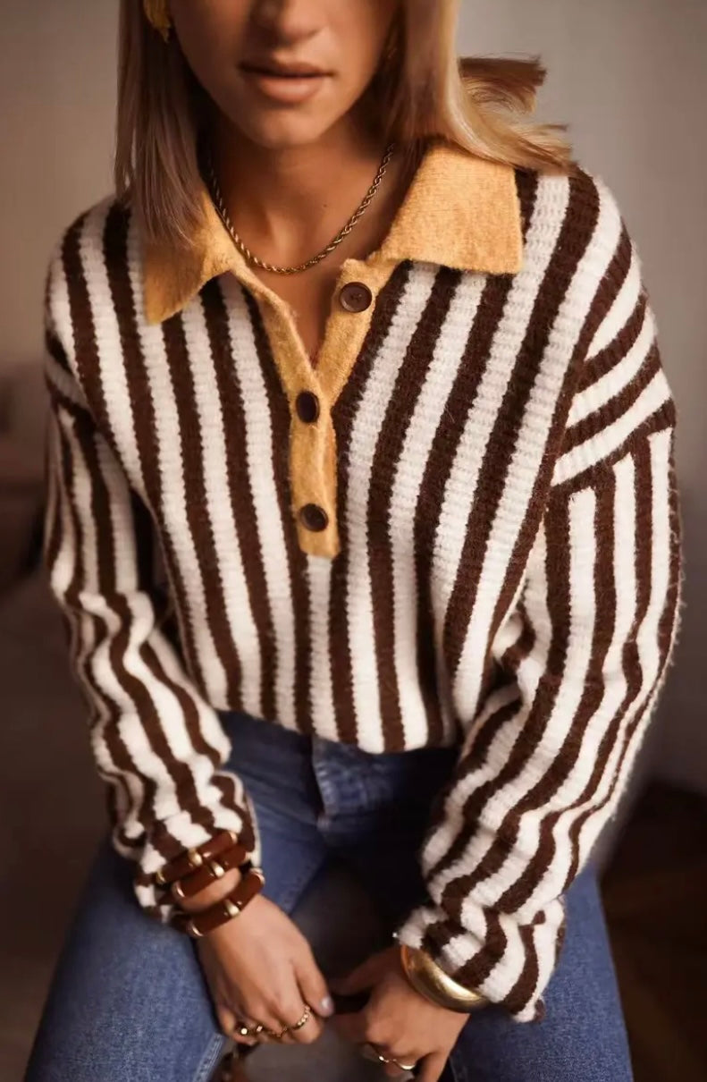 Rachel Retro Chunky Knit Polo - Chocolate/Yellow