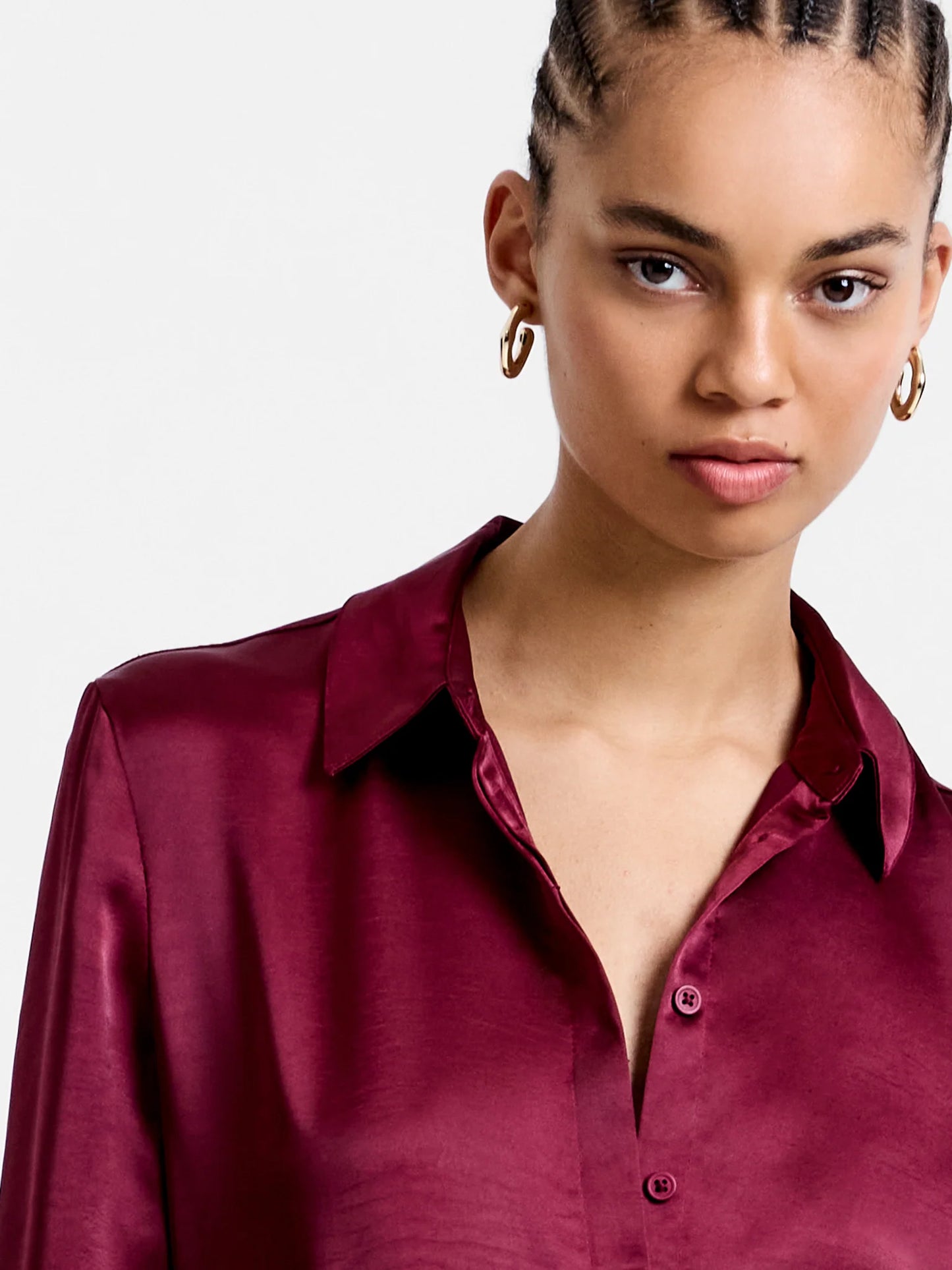 Irina Satin Long Sleeve Shirt - Bordeaux Red