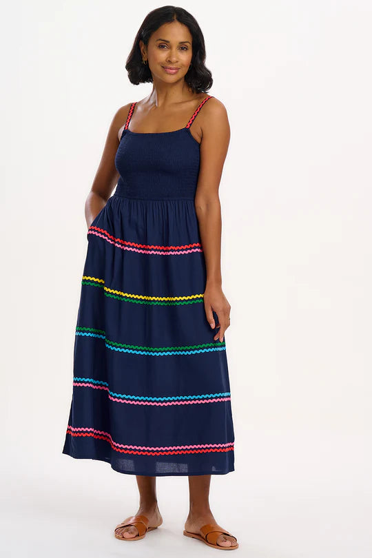 Penrose Shirred Sundress - Navy, Rainbow Ric Rac