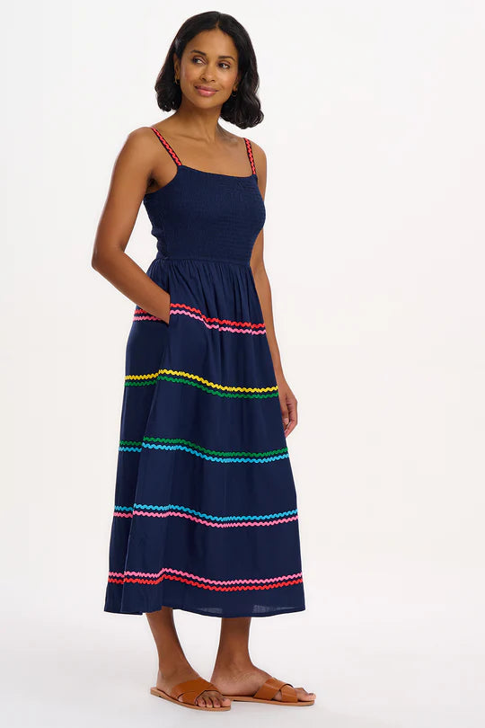 Penrose Shirred Sundress - Navy, Rainbow Ric Rac