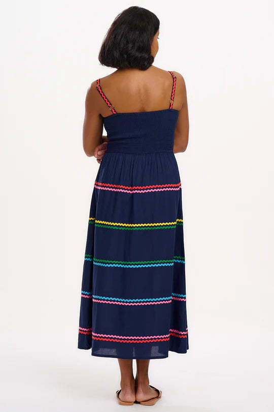 Penrose Shirred Sundress - Navy, Rainbow Ric Rac
