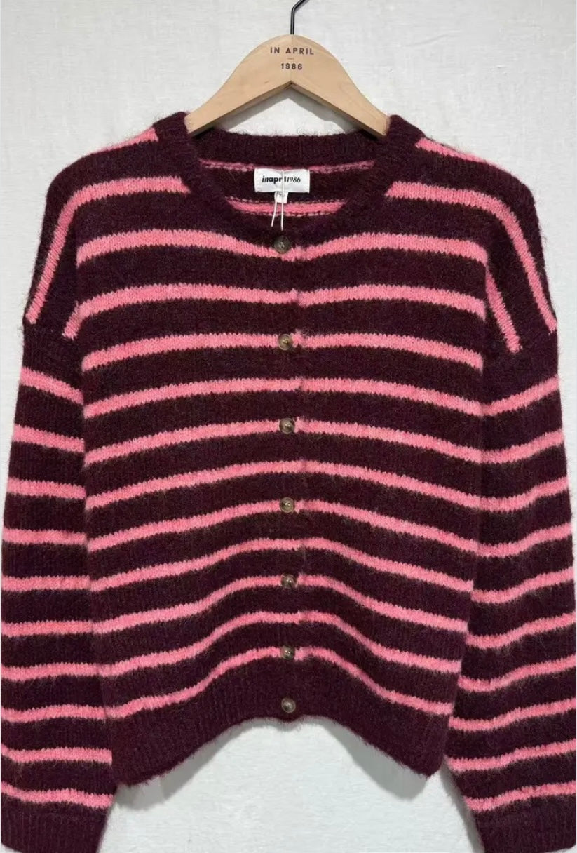 Amelia Wool Blend Cardigan - Burgundy/Pink Stripe