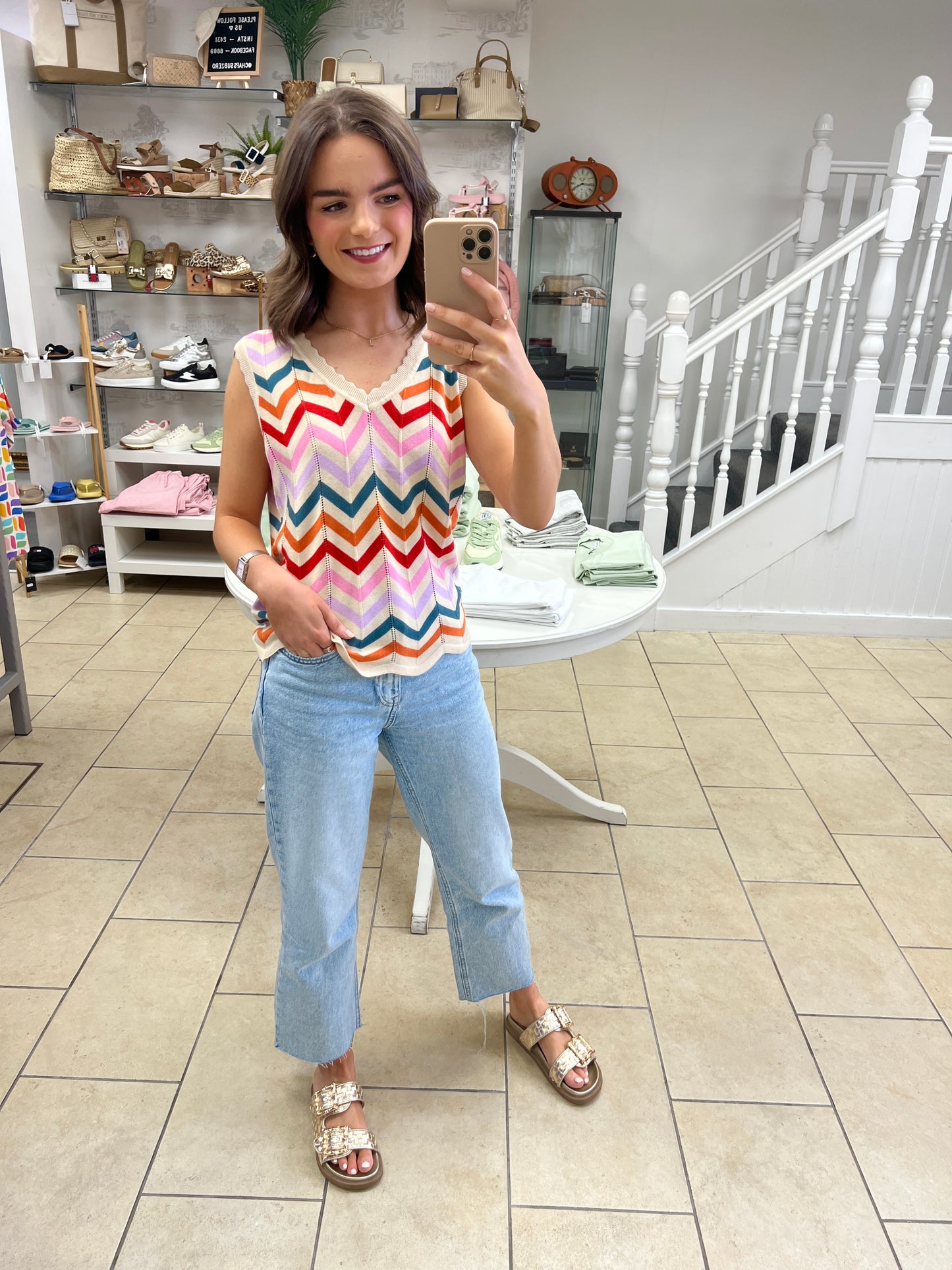 Rosy V-Neck Knit Vest - Cream, Rainbow Chevron Stripes