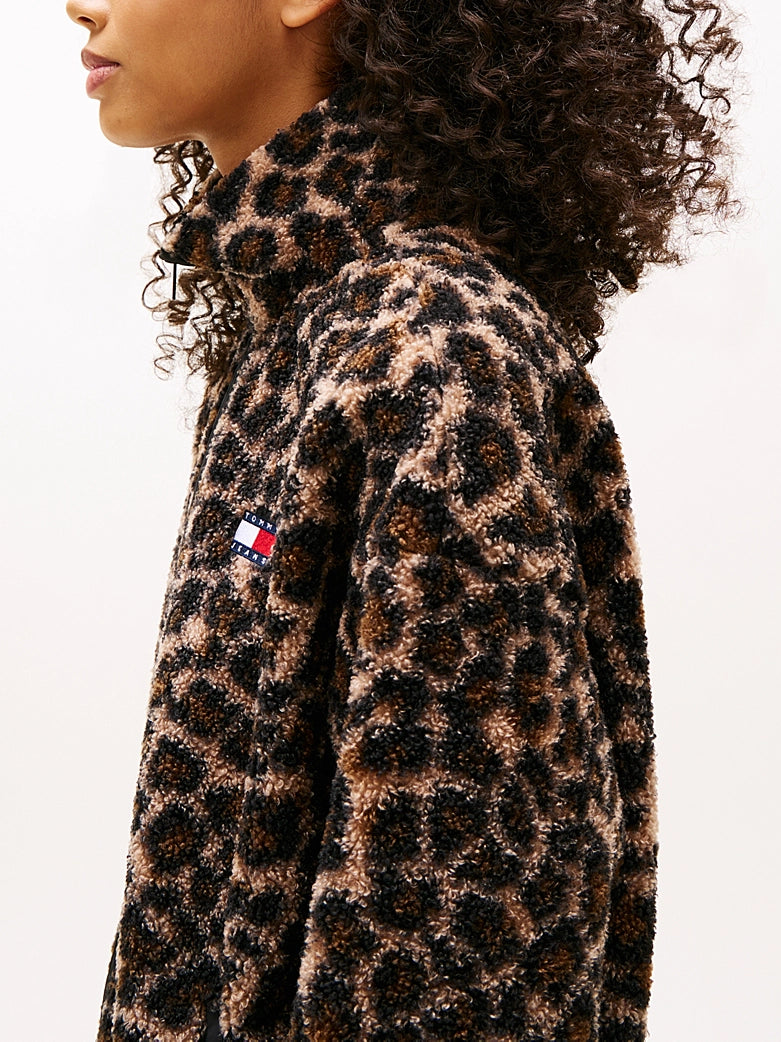 Tommy Badge Teddy Oversized Zip-Thru Sweatshirt - Leopard