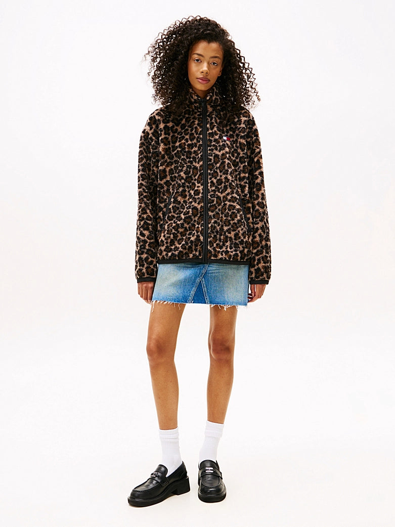 Tommy Badge Teddy Oversized Zip-Thru Sweatshirt - Leopard