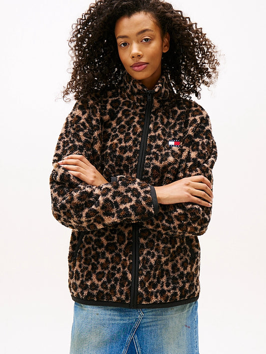 Tommy Badge Teddy Oversized Zip-Thru Sweatshirt - Leopard
