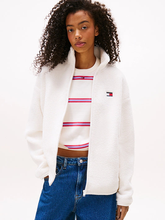 Tommy Badge Teddy Oversized Zip-Thru Sweatshirt - Ancient White
