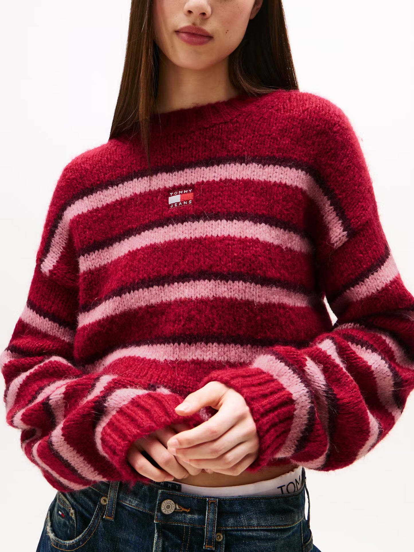 Badge Stripe Relaxed Jumper - Cherry