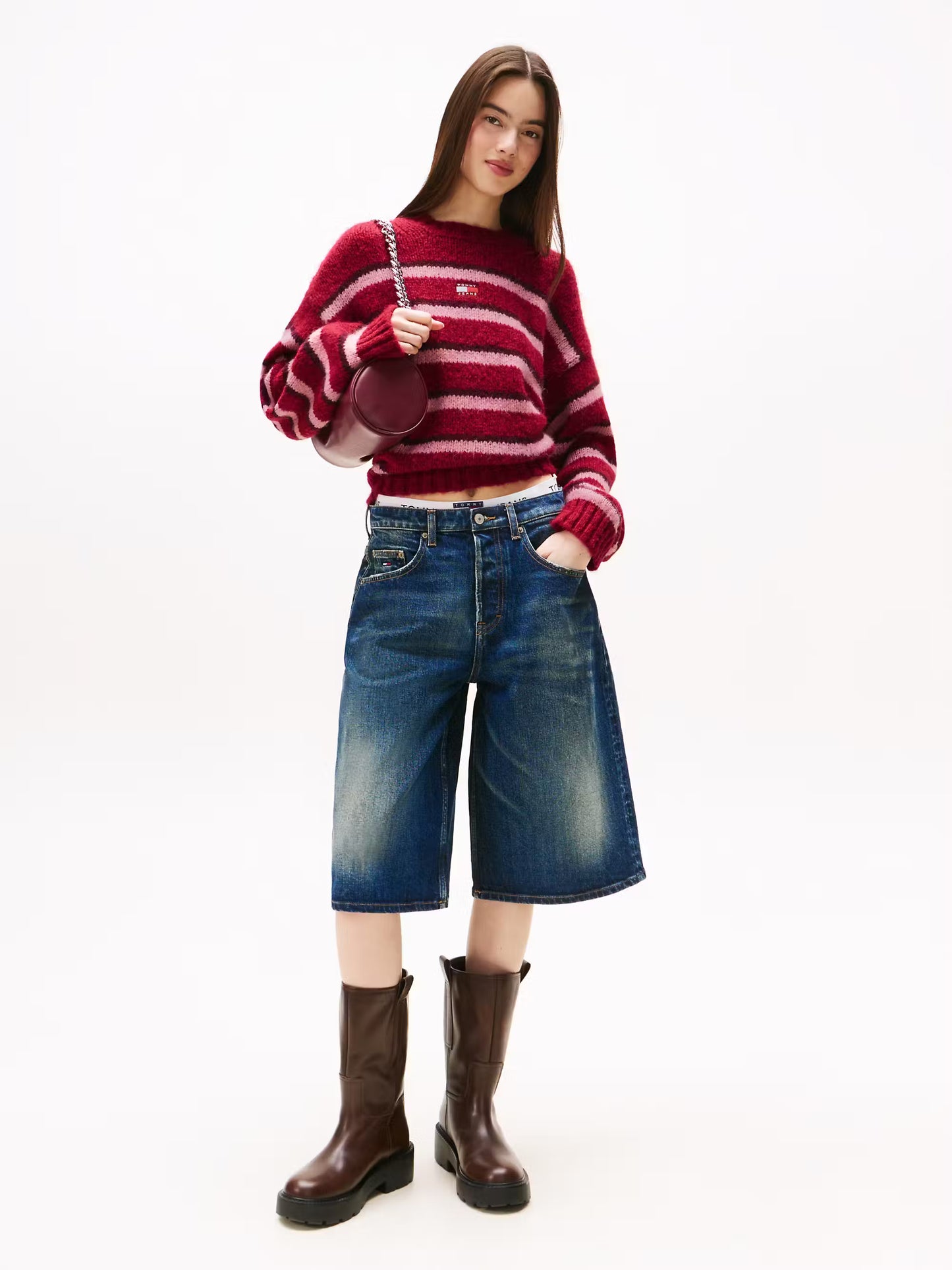 Badge Stripe Relaxed Jumper - Cherry