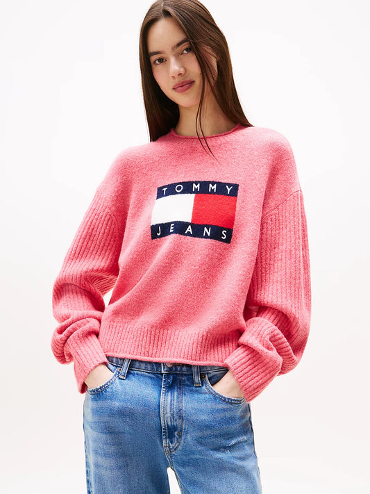 Tommy Flag Relaxed Mélange Jumper - Vintage Cerise Heather