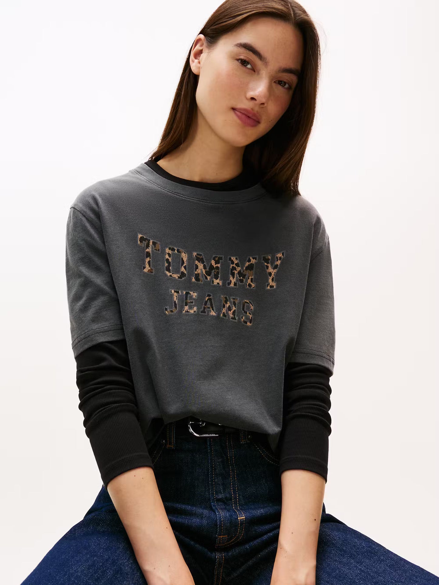 Boxy Leopard Varsity Tee - Charcoal