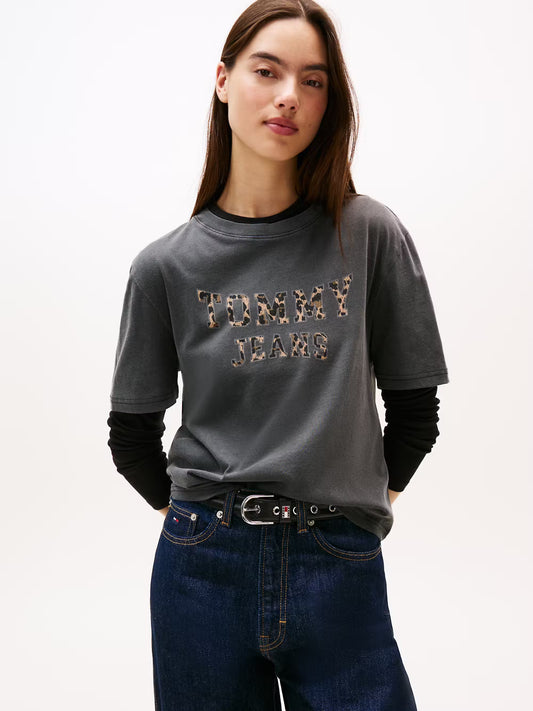 Boxy Leopard Varsity Tee - Charcoal