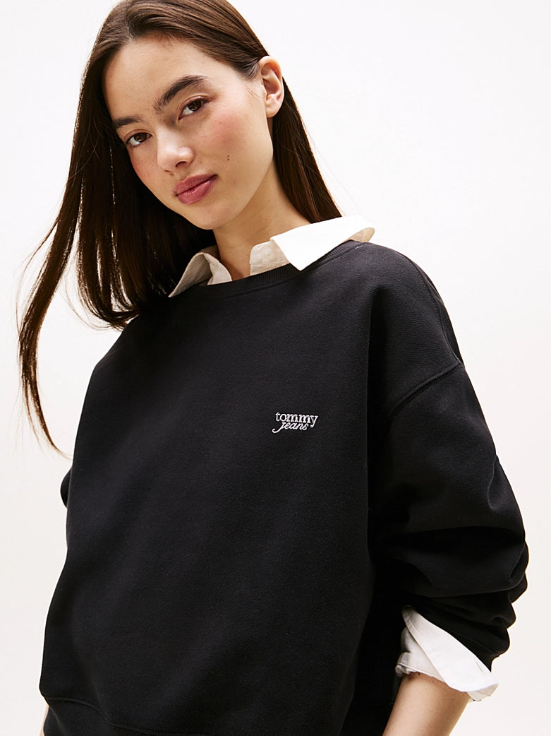 Metallic Logo Relaxed Crew Sweatshirt - Black