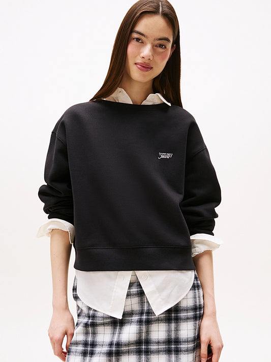 Metallic Logo Relaxed Crew Sweatshirt - Black