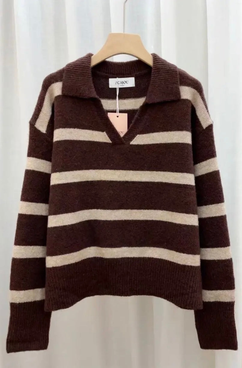 Jennie V-Neck Striped Sweater - Chocolate