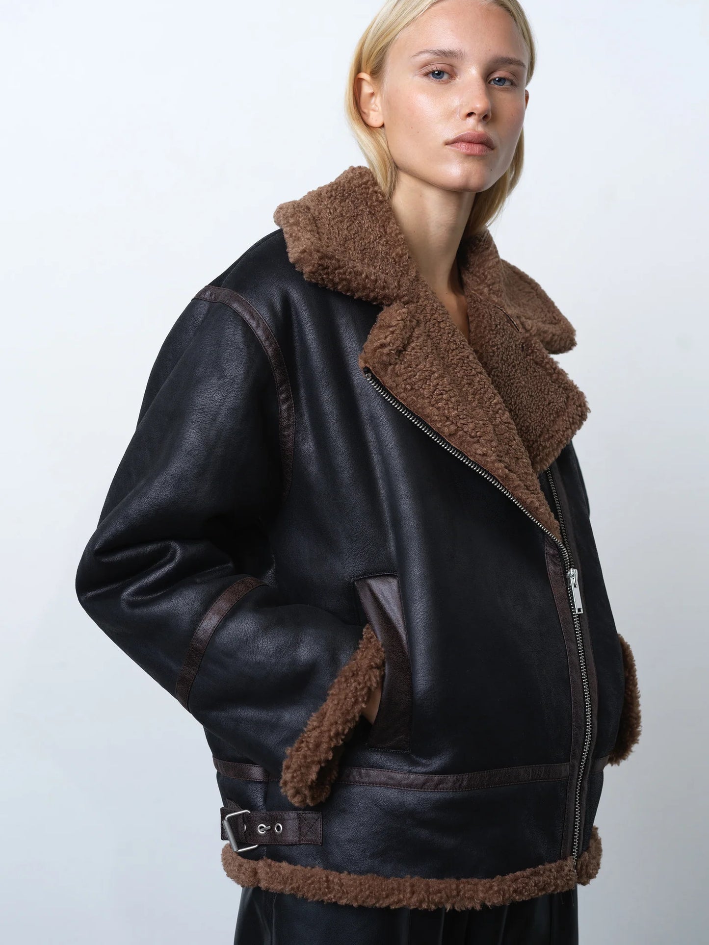 Suedette Zip Up Jacket - Black Brown