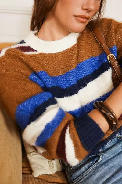 Sara Retro Fluffy Jumper - Camel/Blue