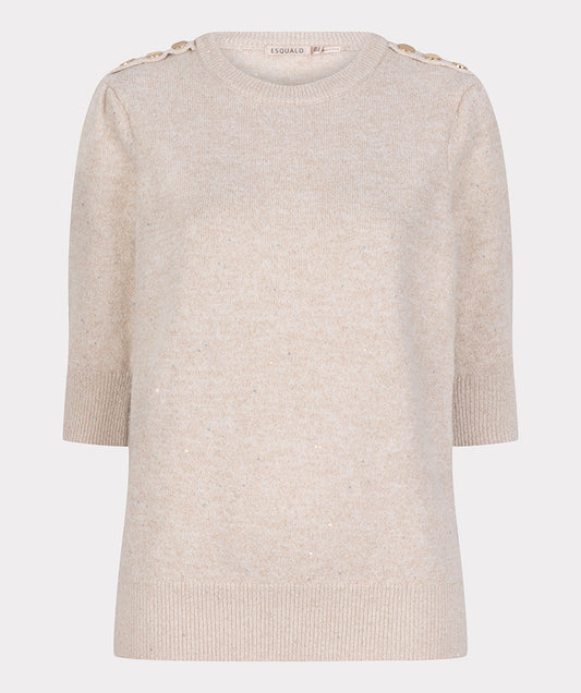 EsQualo Gathered Sleeve Sequin Sweater - Sand Melange