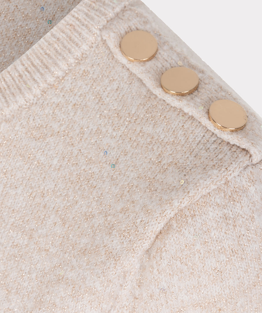 EsQualo Gathered Sleeve Sequin Sweater - Sand Melange