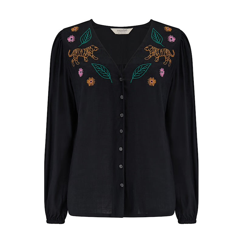 Dawn Blouse - Black, Tiger Embroidery