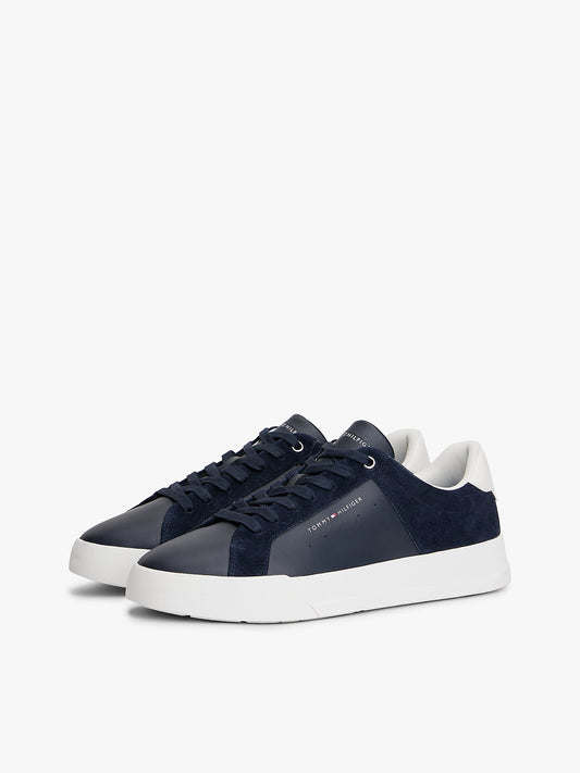 Mixed Texture Leather Court Trainers - Navy Blue