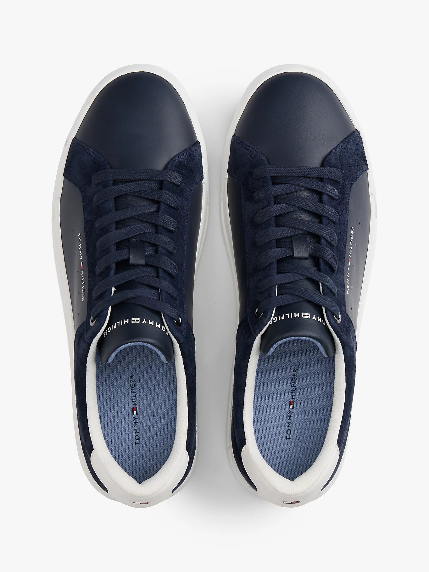 Mixed Texture Leather Court Trainers - Navy Blue