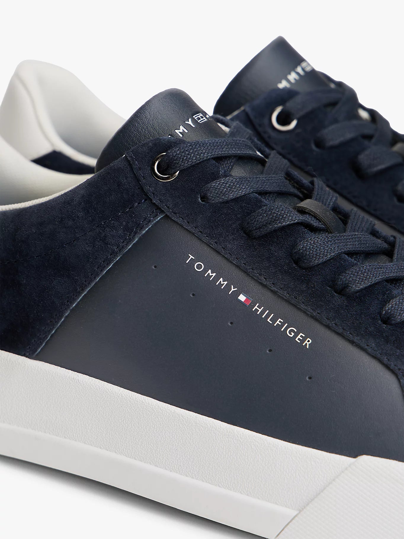 Mixed Texture Leather Court Trainers - Navy Blue