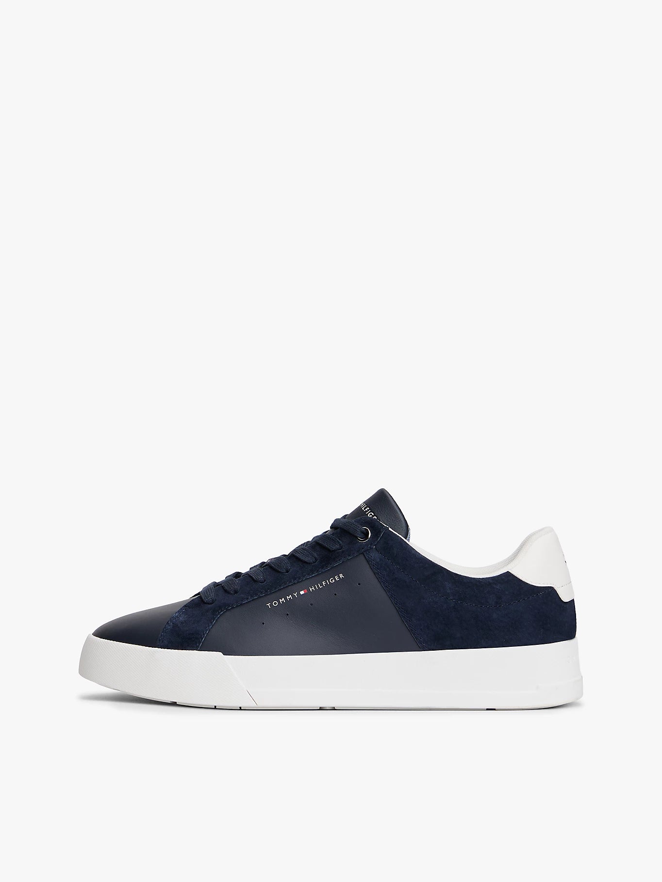 Mixed Texture Leather Court Trainers - Navy Blue
