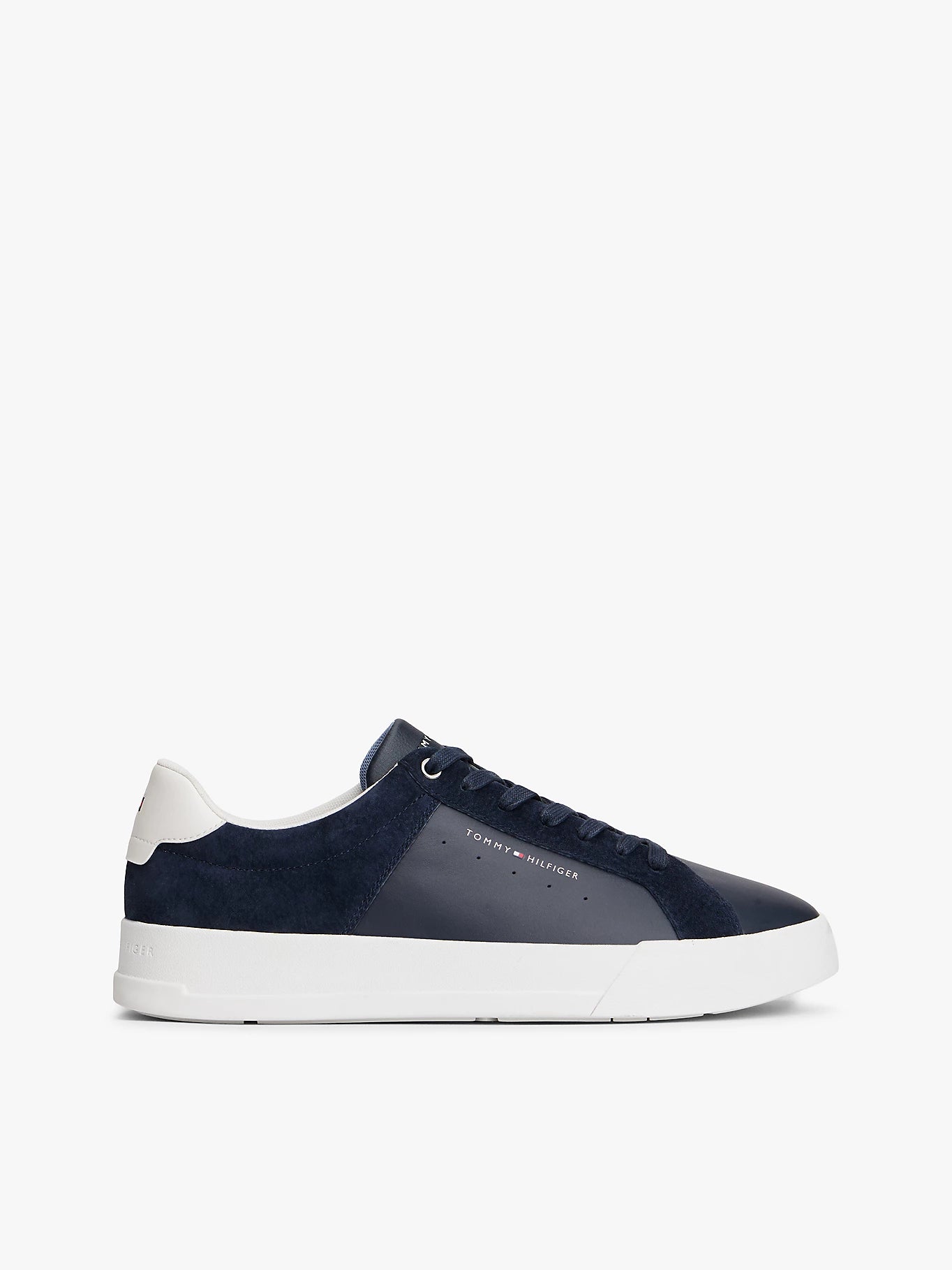 Mixed Texture Leather Court Trainers - Navy Blue