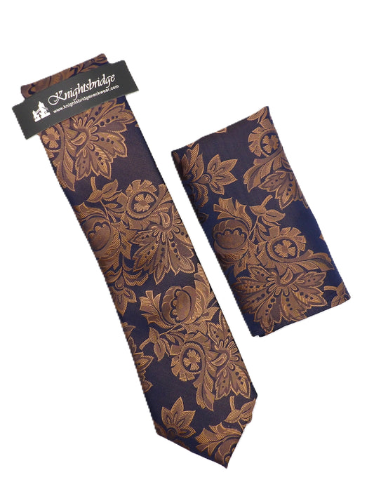 Tonal Brown Floral Silk Tie & Pocket Square