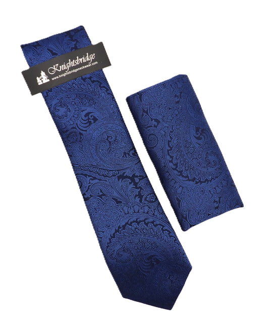 Solid Mid Blue Paisley Tie & Pocket Square