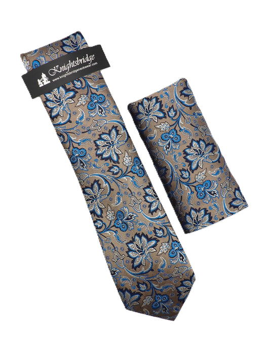 Taupe Floral Silk Tie & Pocket Square