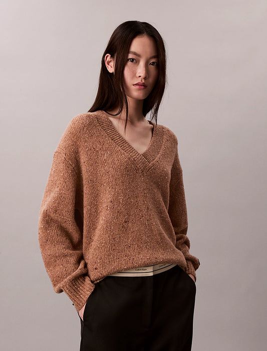 CK Chunky Relaxed V Neck Sweater - Wholegrain