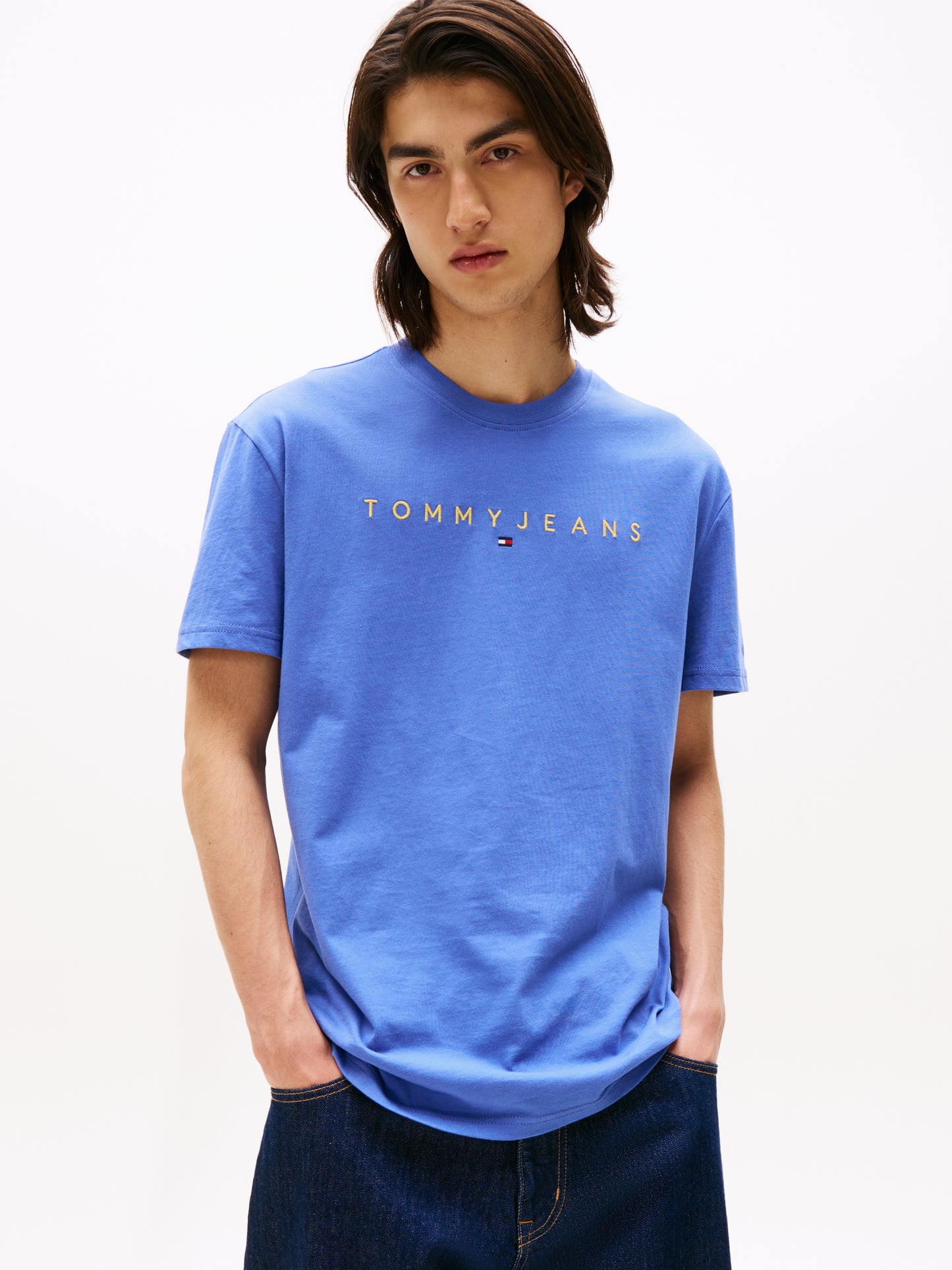 Linear Logo Embroidery Crew Neck T-Shirt - Soft Sapphire Multi