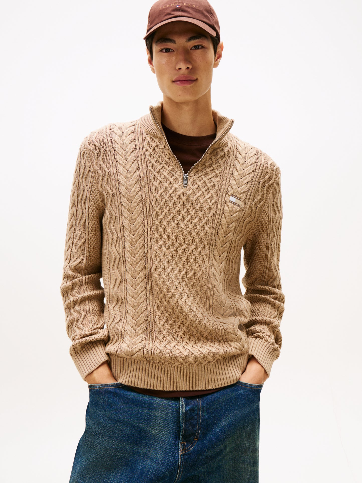 Cable Knit Quarter-Zip Slim Jumper - Costal Taupe