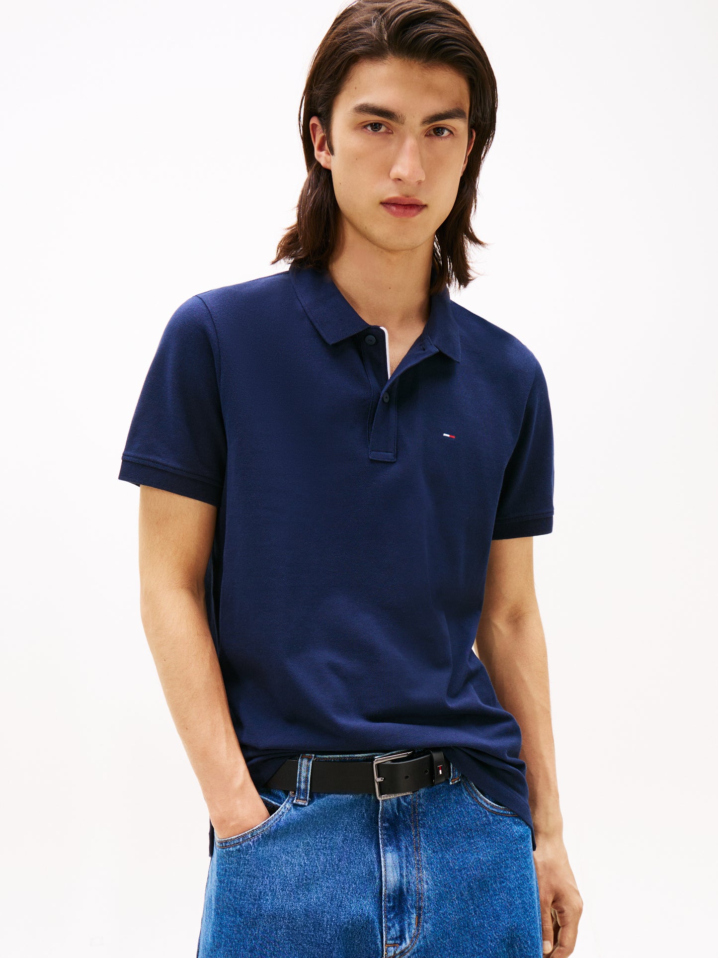 Flag Slim Placket Polo Shirt - Dark Navy