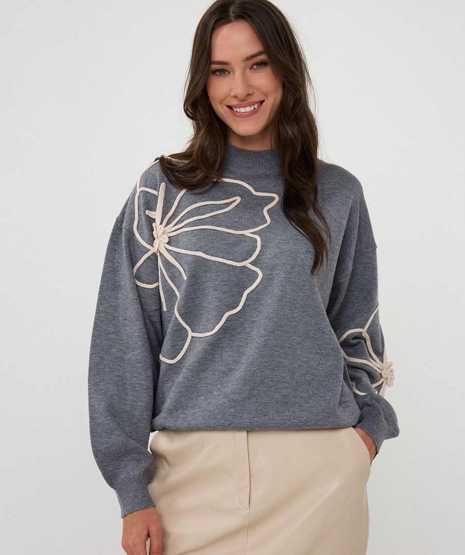 Flower Patch Sweater - Grey Melange