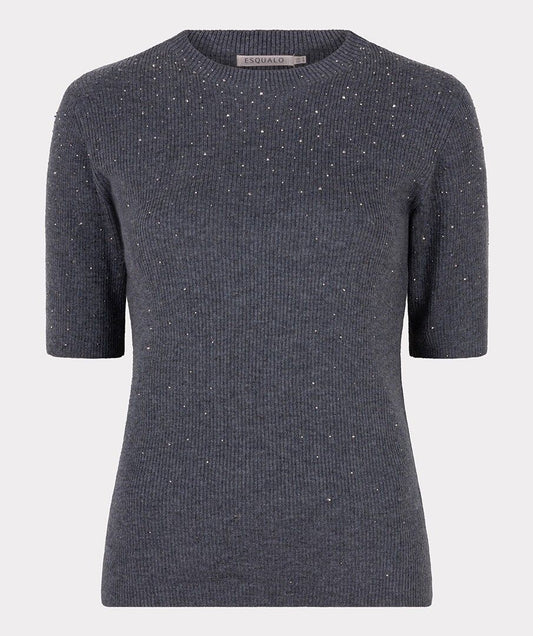 Ribbed Short Sleeve Top with Studs - Dark Grey Melange