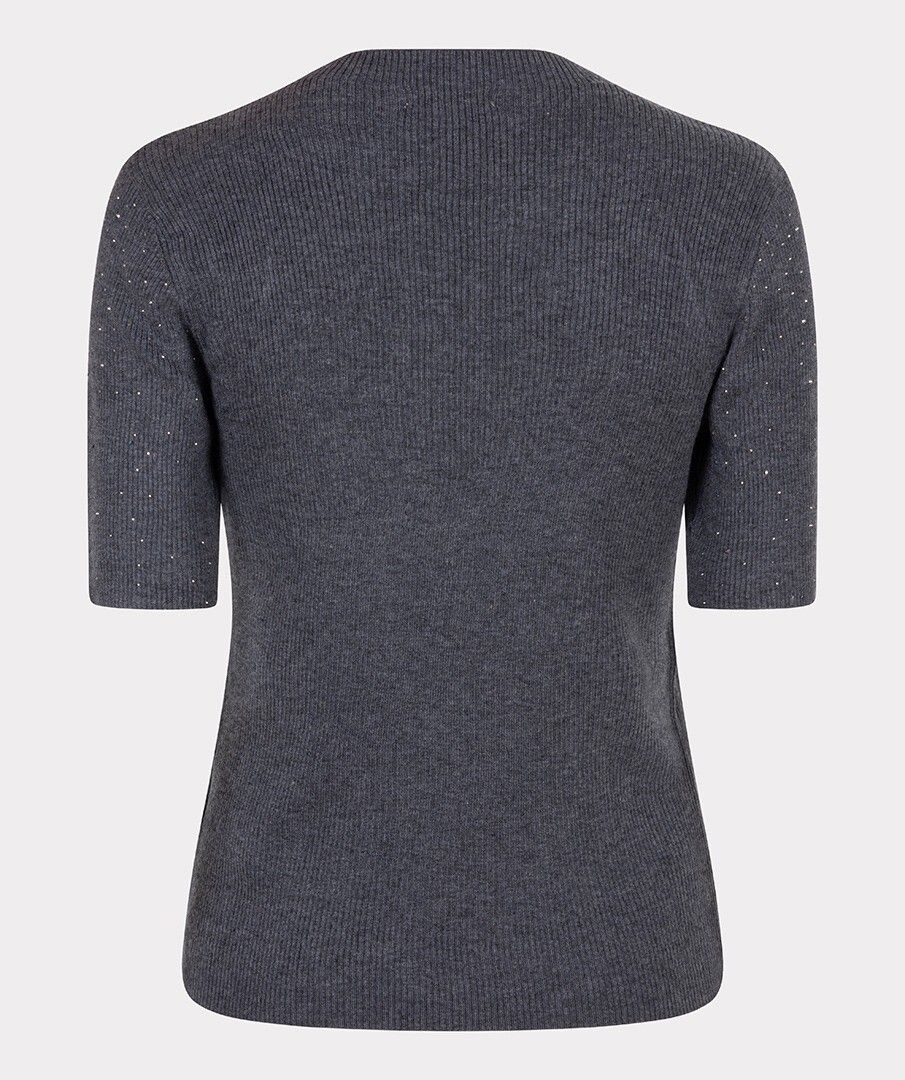 Ribbed Short Sleeve Top with Studs - Dark Grey Melange