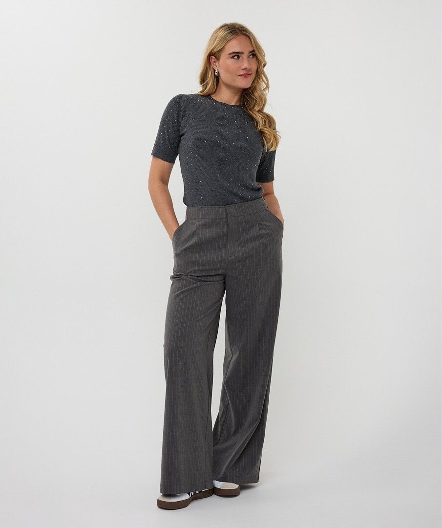 Ribbed Short Sleeve Top with Studs - Dark Grey Melange