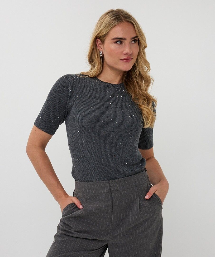 Ribbed Short Sleeve Top with Studs - Dark Grey Melange