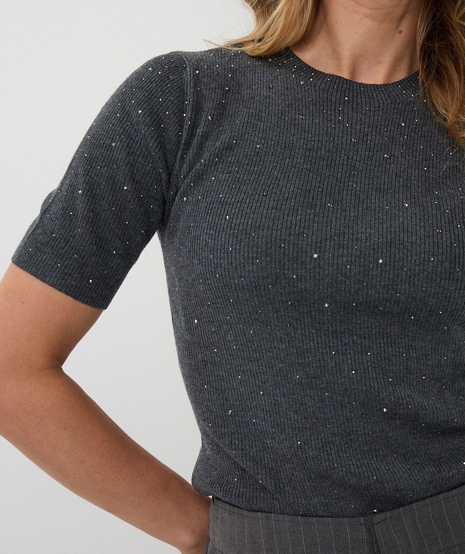 Ribbed Short Sleeve Top with Studs - Dark Grey Melange